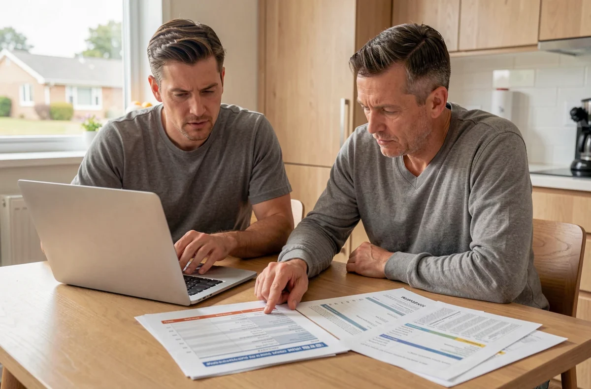Un couple compare des offres d'assurance emprunteur sur ordinateur portable et documents imprimés à leur table de cuisine