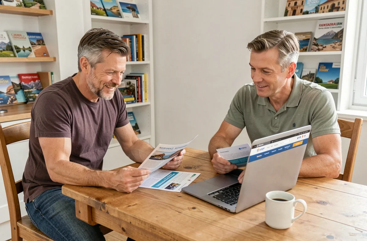 Couple comparant des offres d'assurance voyage ACS à domicile avant un voyage international