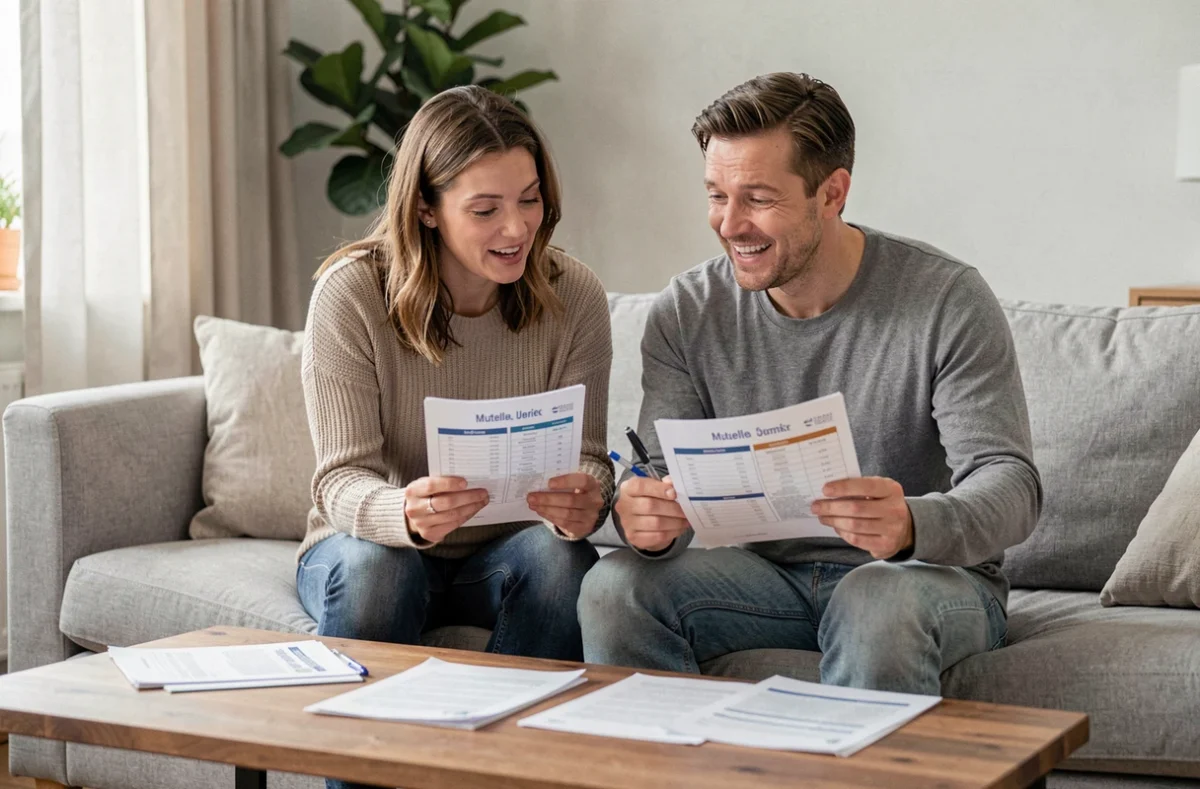 Couple comparant des contrats de mutuelle santé sur leur canapé à la maison