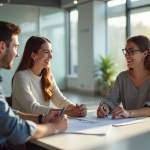 Jeune couple diversifié avec conseiller en banque au Canada