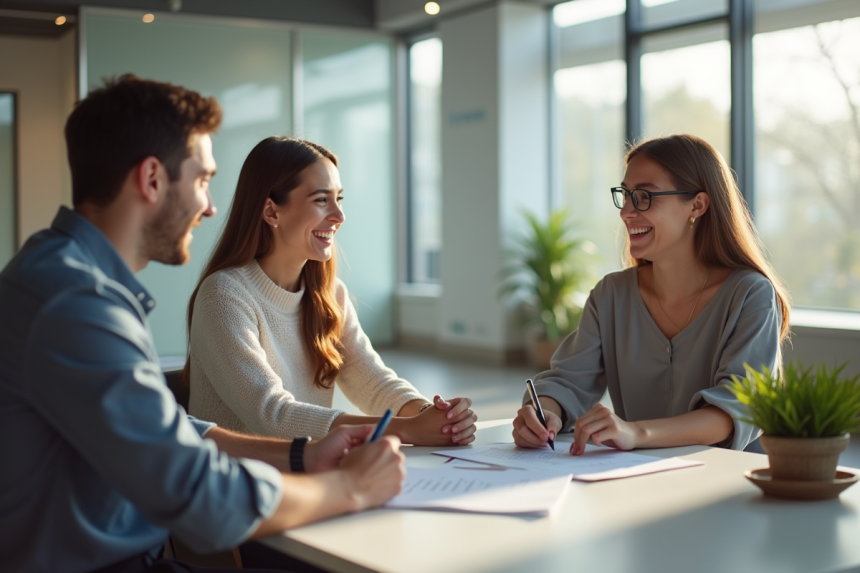 Jeune couple diversifié avec conseiller en banque au Canada