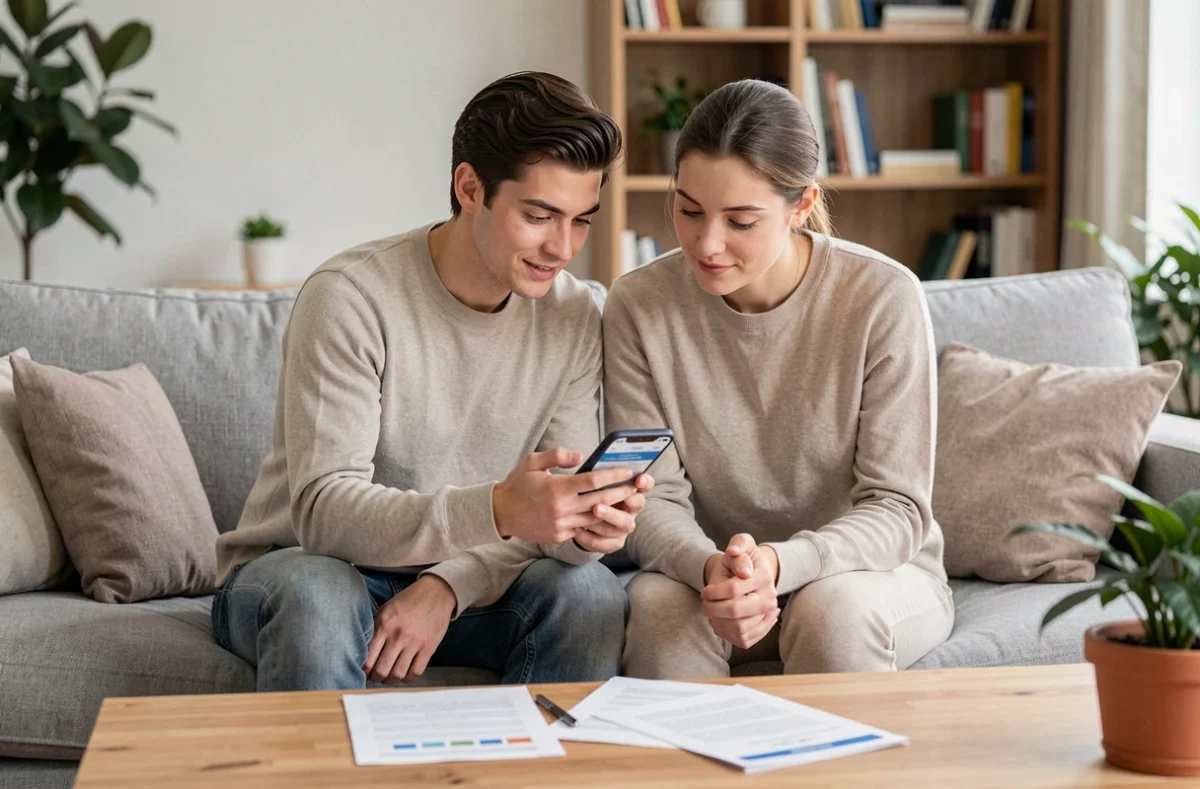 Couple consultant une application de mutuelle santé pour calculer leurs remboursements