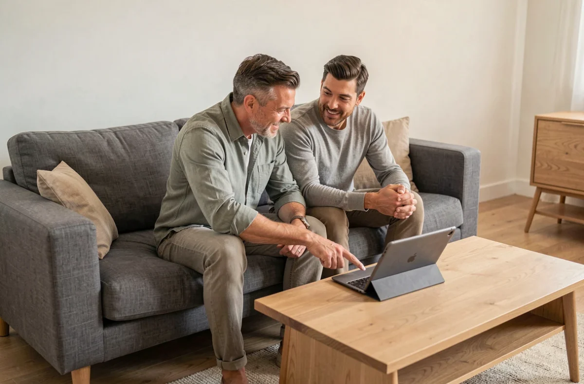 Couple consultant ensemble leur espace client Cetelem sur une tablette dans leur salon