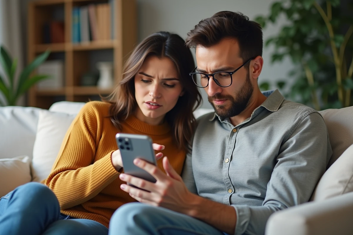 Couple examinant ensemble une demande de prêt immédiat sur smartphone dans leur salon, illustrant la réflexion avant de contracter un crédit rapide pour faire face à une urgence financière