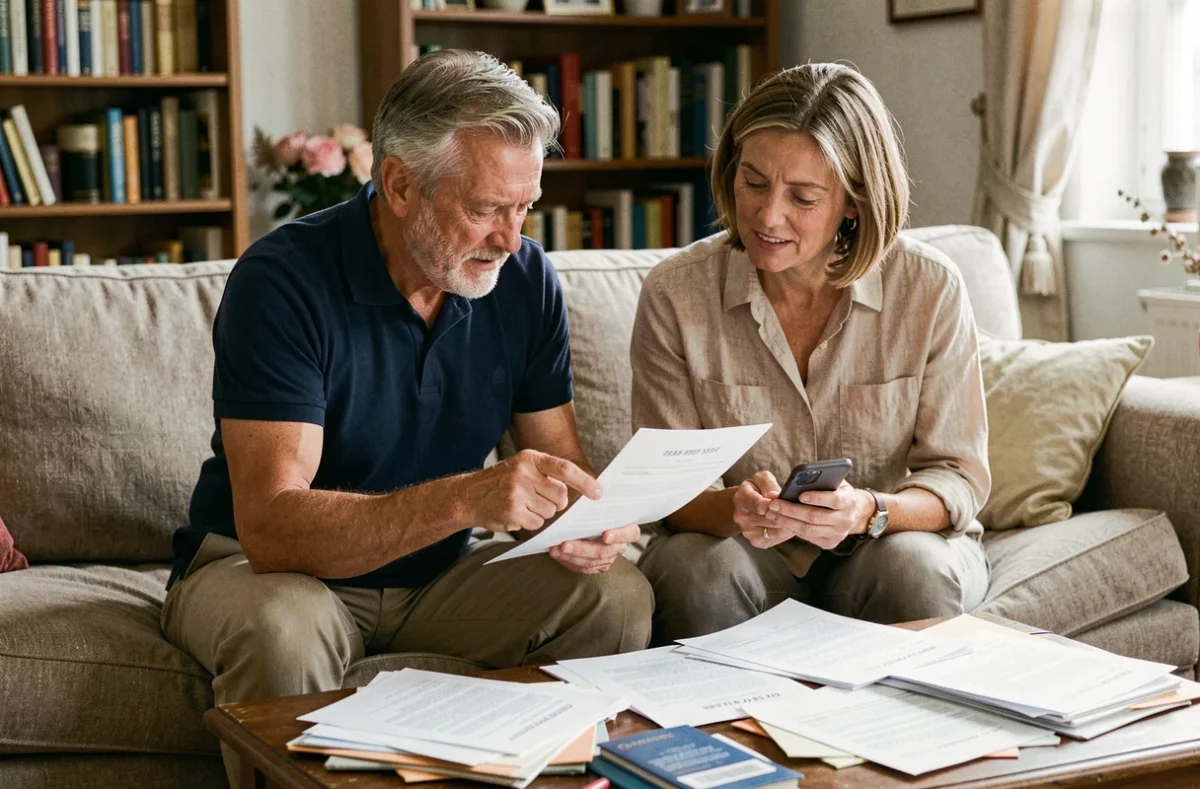 Couple consultant leurs documents financiers pour trouver le numéro gratuit Cofidis adapté à leur dossier