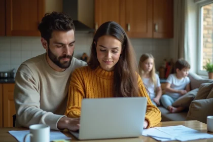 Couple avec enfants examinant des documents liés aux APL à la table de cuisine