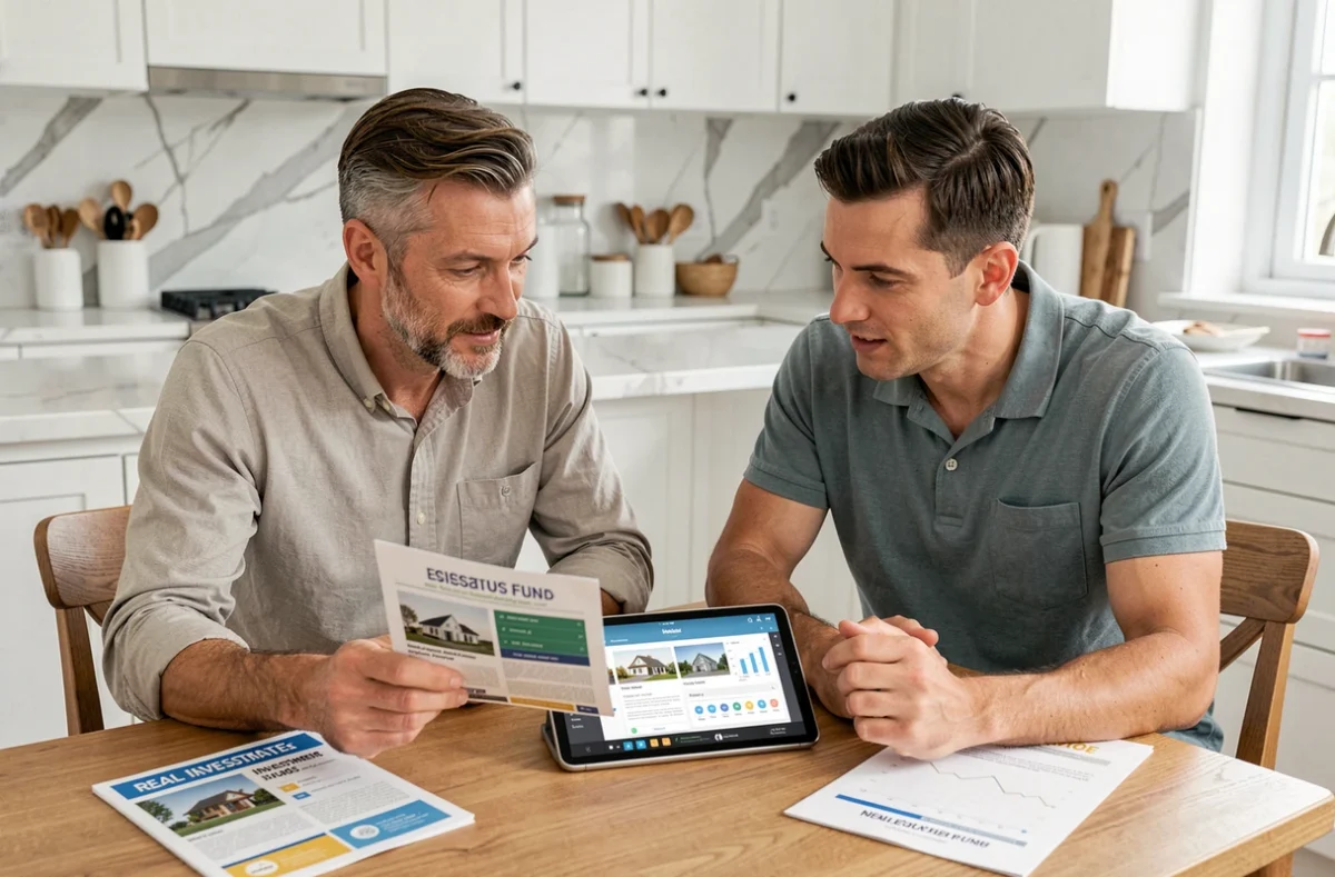 Couple étudiant ensemble un investissement en SCPI pierre papier autour d'une tablette et d'une brochure financière à la maison