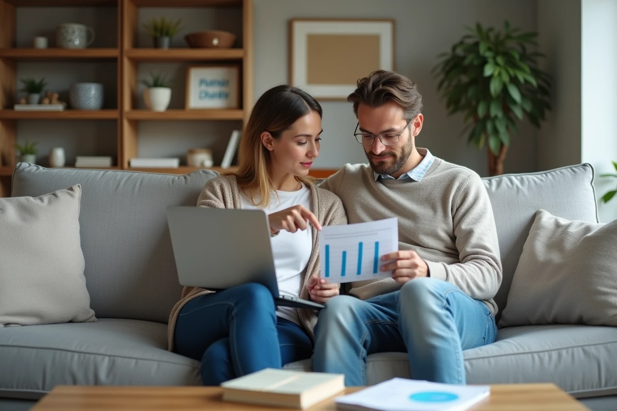 Couple gérant ensemble leur budget familial et leurs comptes Banque Populaire Cyberplus sur ordinateur portable dans leur salon
