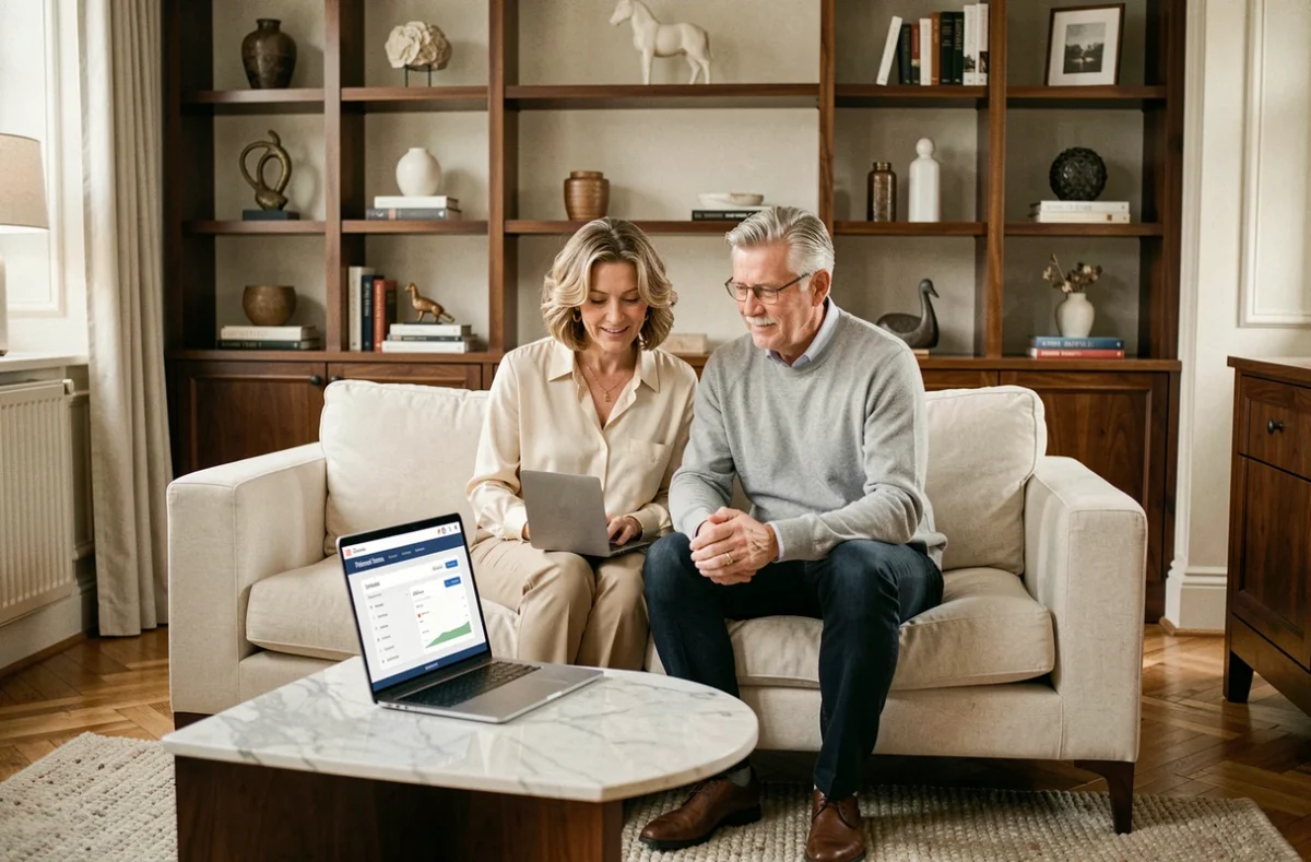 Couple senior consultant leur gestion de patrimoine sur un ordinateur portable BNP Banque Privée à domicile