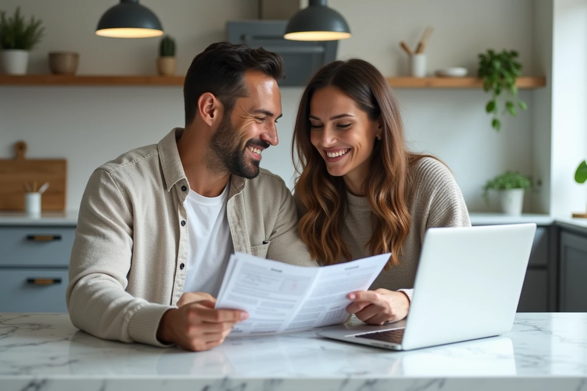 Couple discutant de leurs placements boursiers et de la gestion d'un portefeuille PEA avec des relevés financiers et un ordinateur portable dans une cuisine moderne