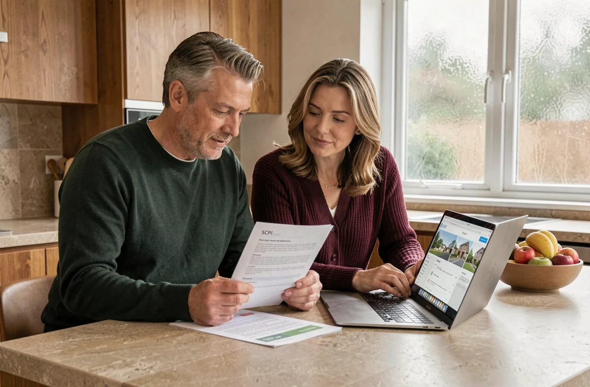 Couple d'investisseurs examinant un document de valeur de réalisation SCPI à domicile