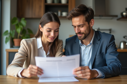 Jeune couple regardant des documents financiers à la maison