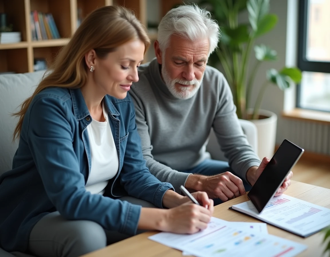 Couple préparant un rendez-vous en agence bancaire en consultant leur espace Cyberplus sur une tablette à domicile