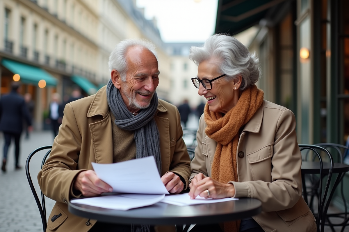 Couple retraité discutant à un café parisien