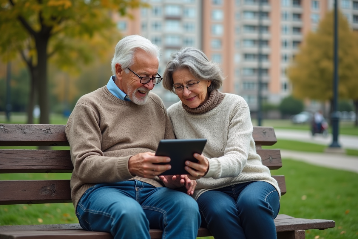 Couple retraité regardant une tablette dans un parc