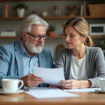 Couple d'adultes révisant des documents de pension à la maison