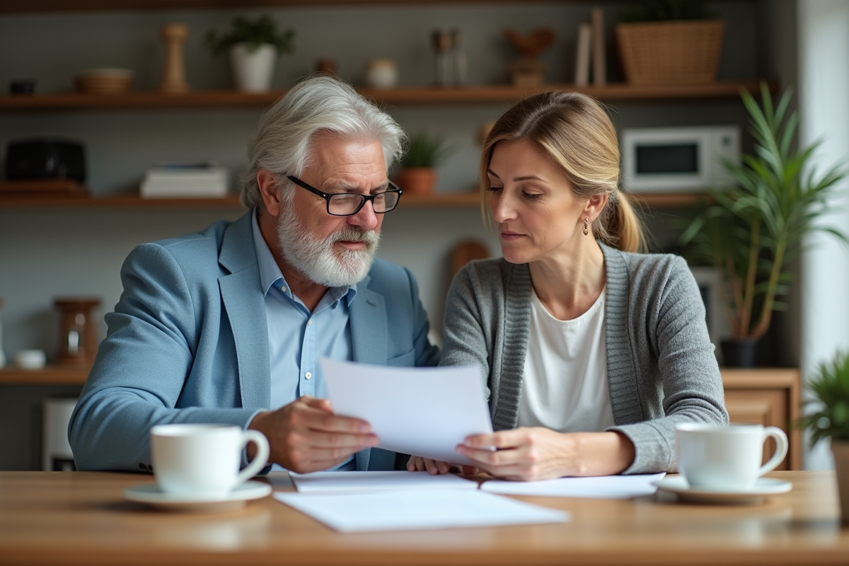 Couple d'adultes révisant des documents de pension à la maison