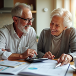 Couple senior souriant revoyant des documents financiers