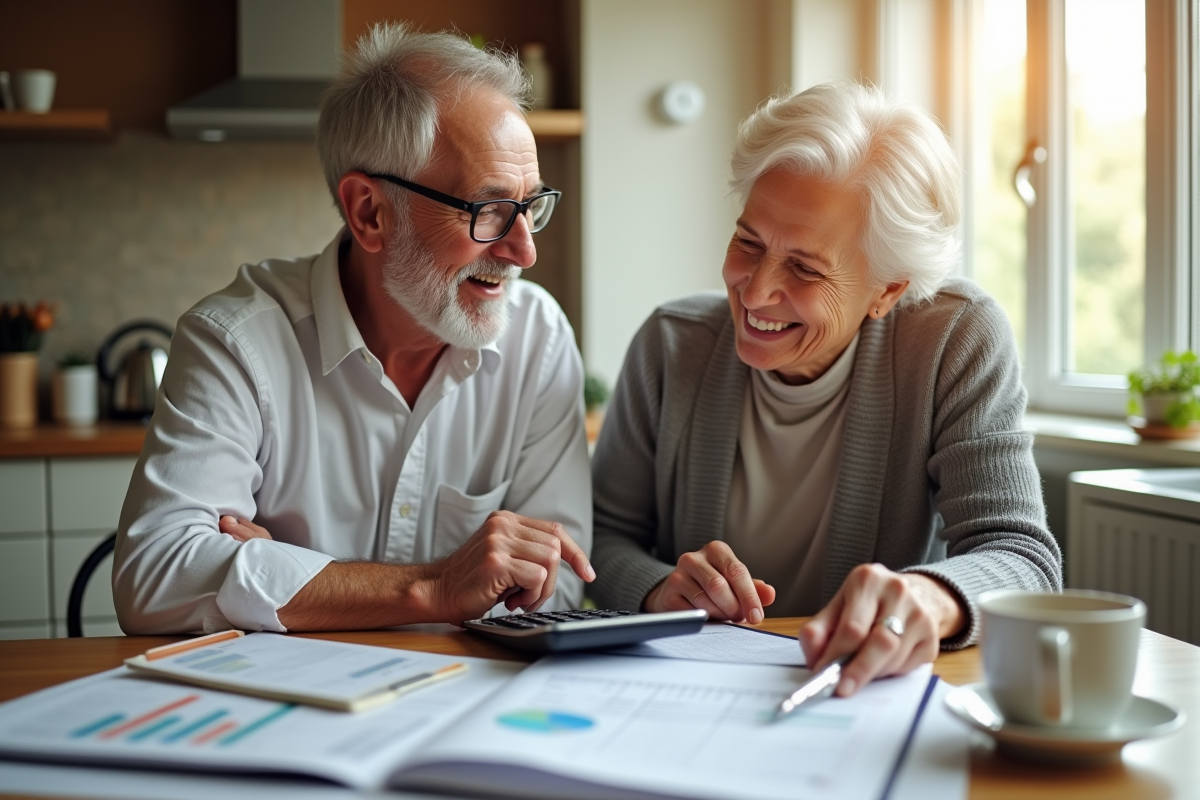 Couple senior souriant revoyant des documents financiers