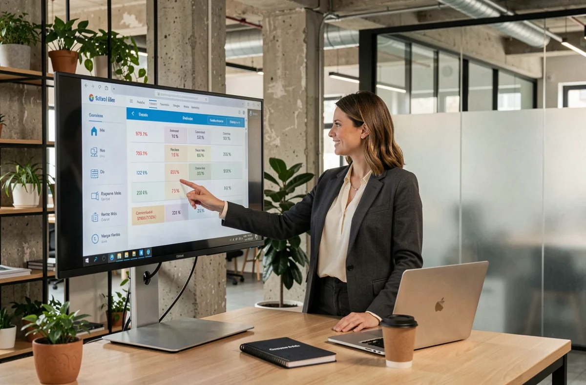 Courtière immobilière présentant un comparatif de taux dans un espace de coworking à Lille