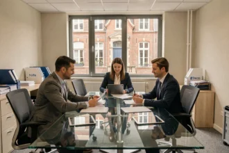 Courtiers en assurance dans le Nord réunis autour d'une table de réunion dans un bureau moderne
