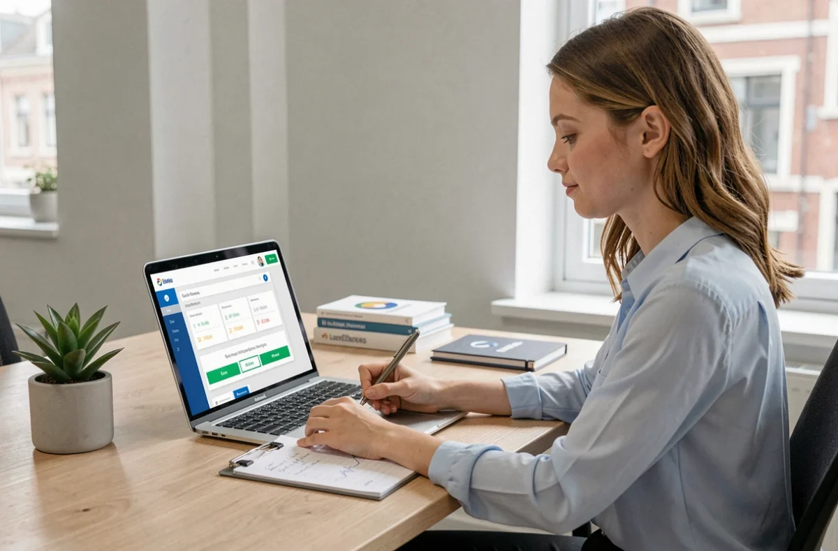 Courtière de Courtineo à Lille comparant des offres d'assurance emprunteur sur ordinateur