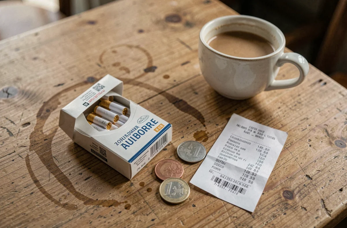 Paquet de cigarettes ouvert avec des pièces en euros et un reçu sur une table de café espagnol illustrant le coût du tabac