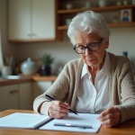 Dame senior lisant des documents dans la cuisine lumineuse