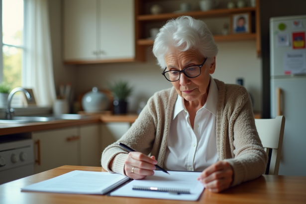 Dame senior lisant des documents dans la cuisine lumineuse