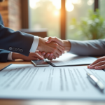 Deux personnes se serrant la main sur un contrat d'assurance dans un bureau lumineux
