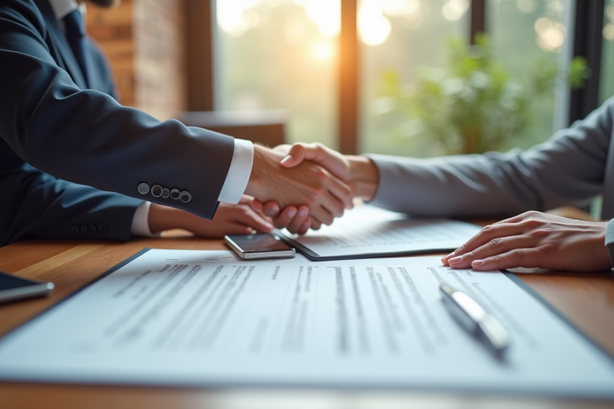 Deux personnes se serrant la main sur un contrat d'assurance dans un bureau lumineux