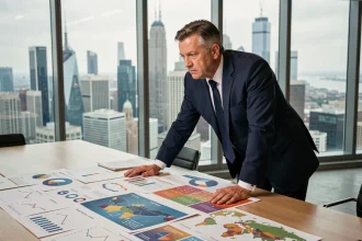 Économiste analysant des classements de richesse mondiale avec graphiques et indicateurs économiques sur une table de conférence