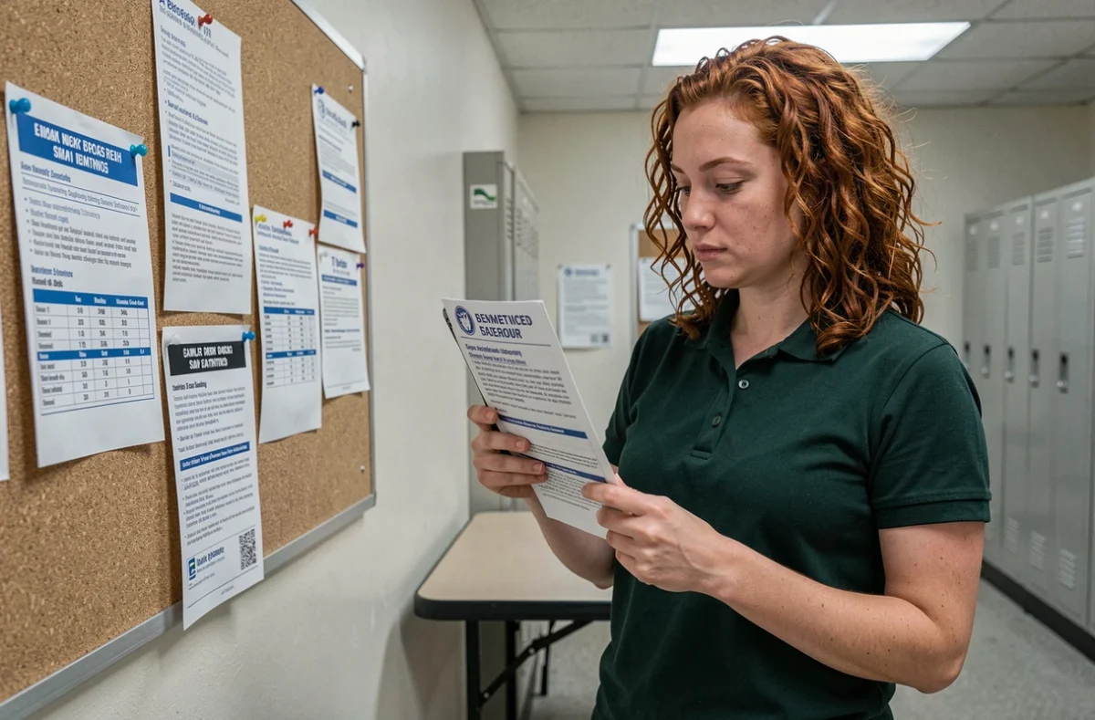 Employée en uniforme vérifiant les informations sur le SMIC affiché en salle de pause