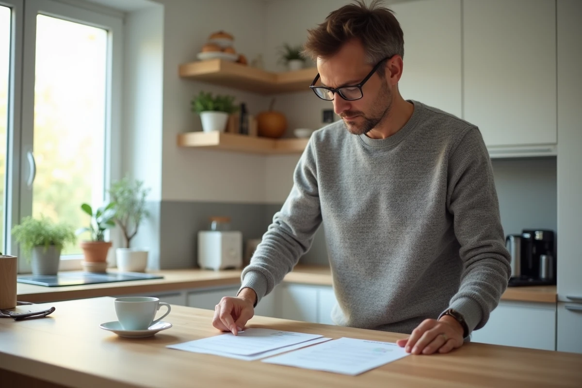 Enseignant comparant des bulletins de salaire de l'éducation nationale dans sa cuisine