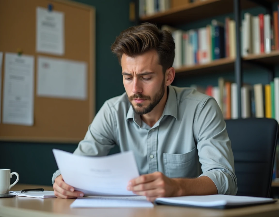 Enseignant masculin en début de carrière consultant sa fiche de paie dans une salle des professeurs