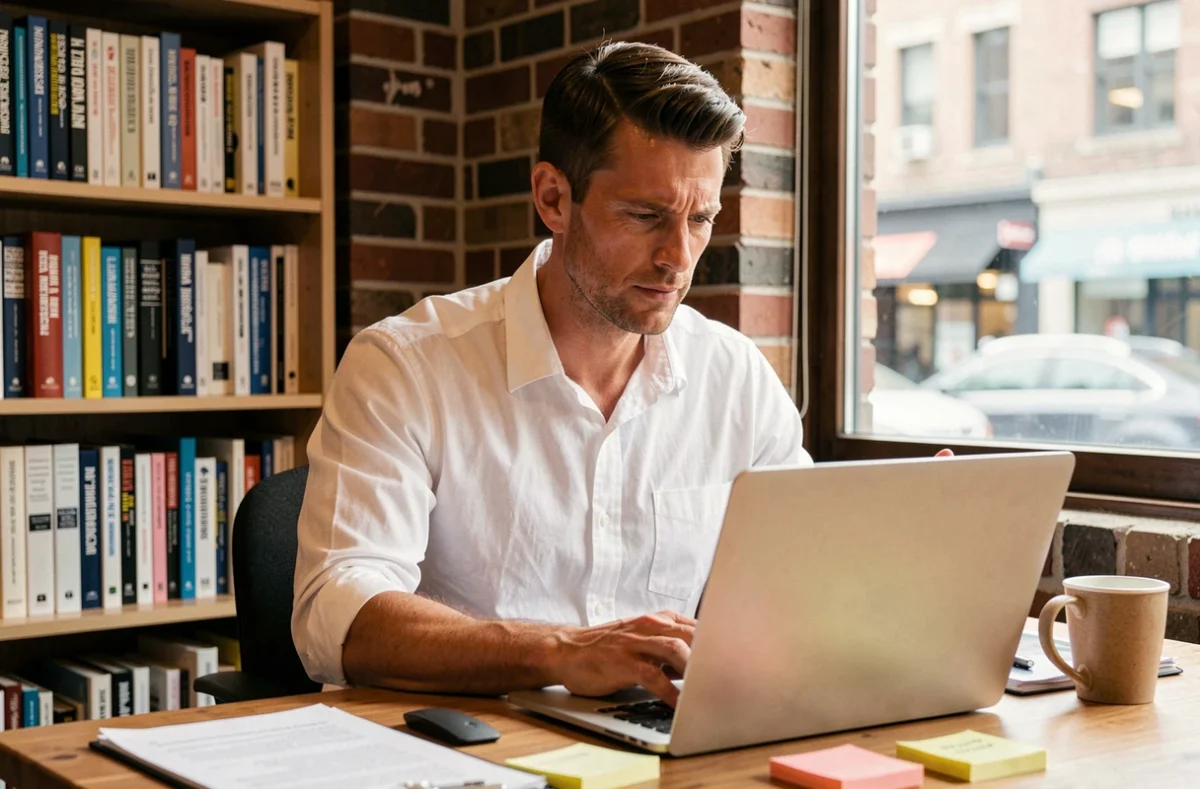 Un entrepreneur compare des offres d'assurance protection civile professionnelle sur son ordinateur portable