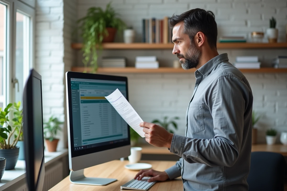 Entrepreneur indépendant comparant ses relevés bancaires professionnels lors d'un changement de statut juridique depuis son bureau à domicile