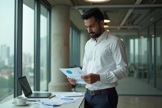 Entrepreneur indien analysant des données économiques dans un espace de coworking moderne à Mumbai, illustrant la croissance des pays émergents