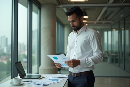 Entrepreneur indien analysant des données économiques dans un espace de coworking moderne à Mumbai, illustrant la croissance des pays émergents