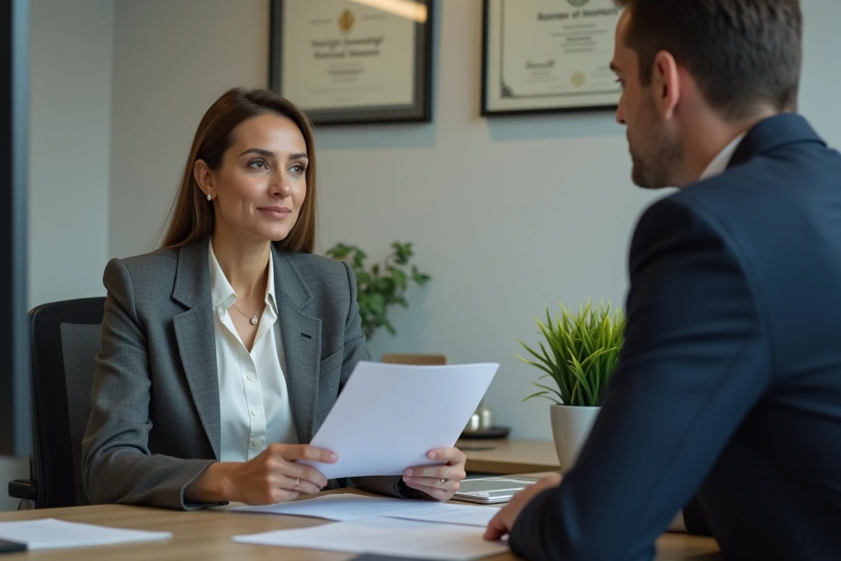 Une femme en blazer gris discute de la fin de son contrat de travail avec un responsable RH dans un bureau professionnel