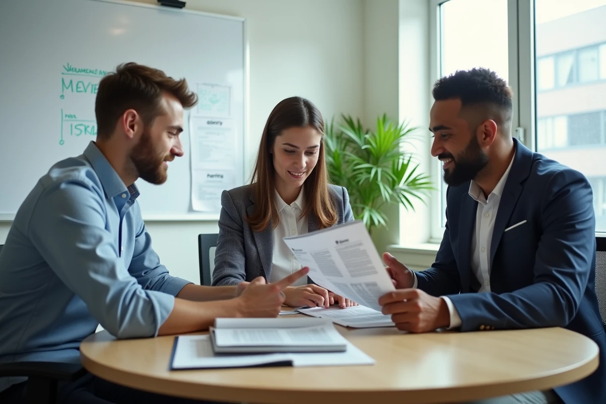 Équipe de professionnels de l'assurance en session de formation autour d'un magazine spécialisé