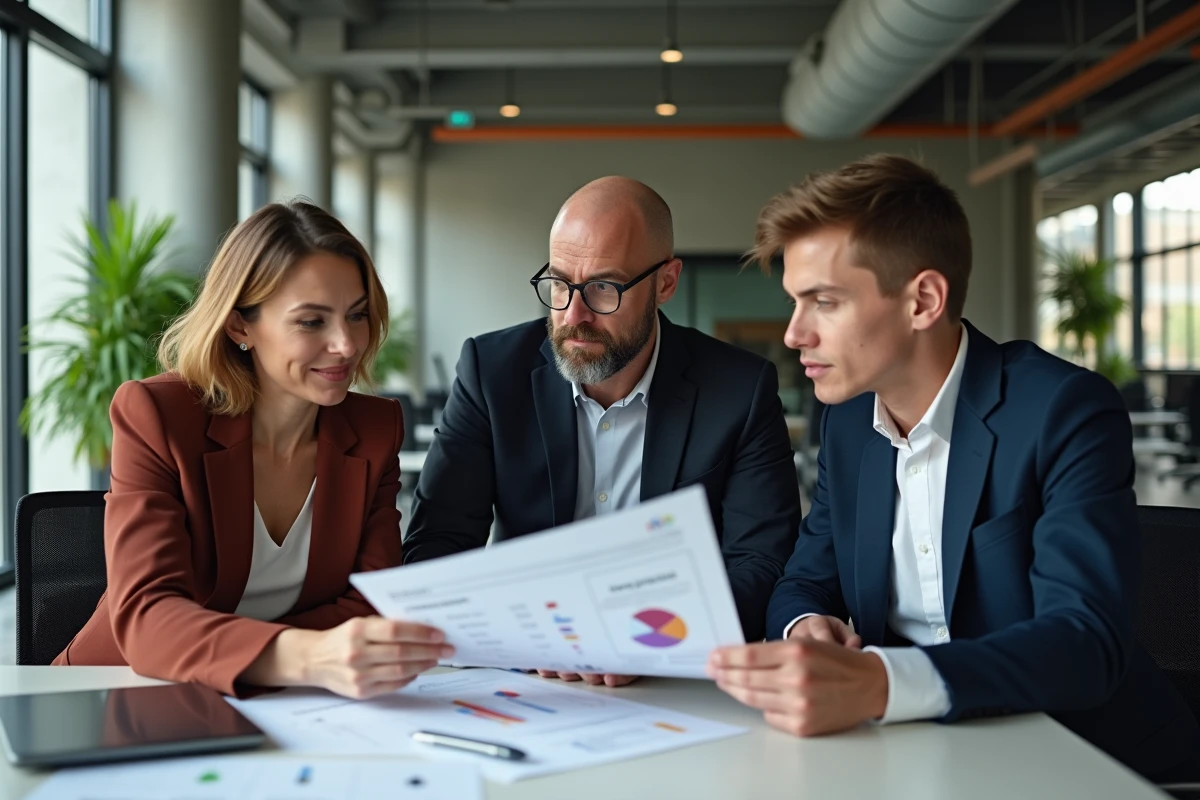 Équipe de collègues suisses discutant des optimisations de salaire net et du treizième salaire dans un open space professionnel