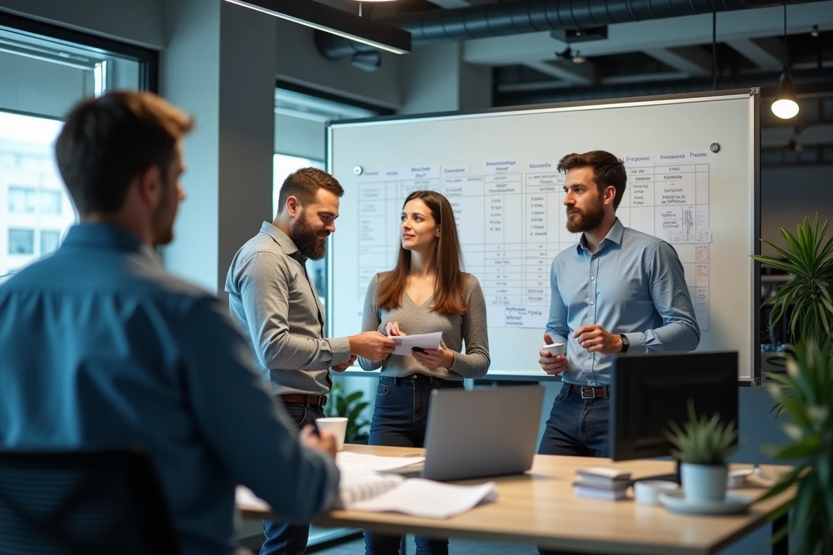 Equipe de production télé en réunion avec tableau de salaires