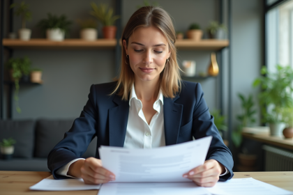 Femme d'affaires lisant des documents dans un bureau moderne