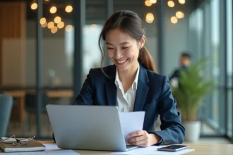Femme d'affaires en tailleur navy dans un bureau moderne