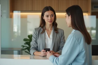 Femme consultant son smartphone dans une agence La Banque Postale pour augmenter le plafond de virement instantané