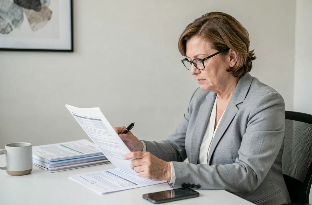 Une femme d'une cinquantaine d'années analyse attentivement un contrat d'assurance emprunteur dans son bureau à domicile