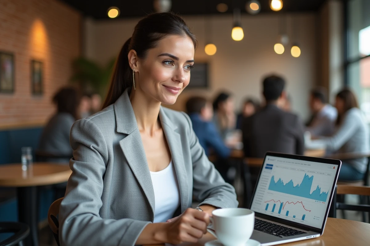 Femme analysant son portefeuille boursier sur un ordinateur portable dans un café pour prendre de meilleures décisions d'investissement
