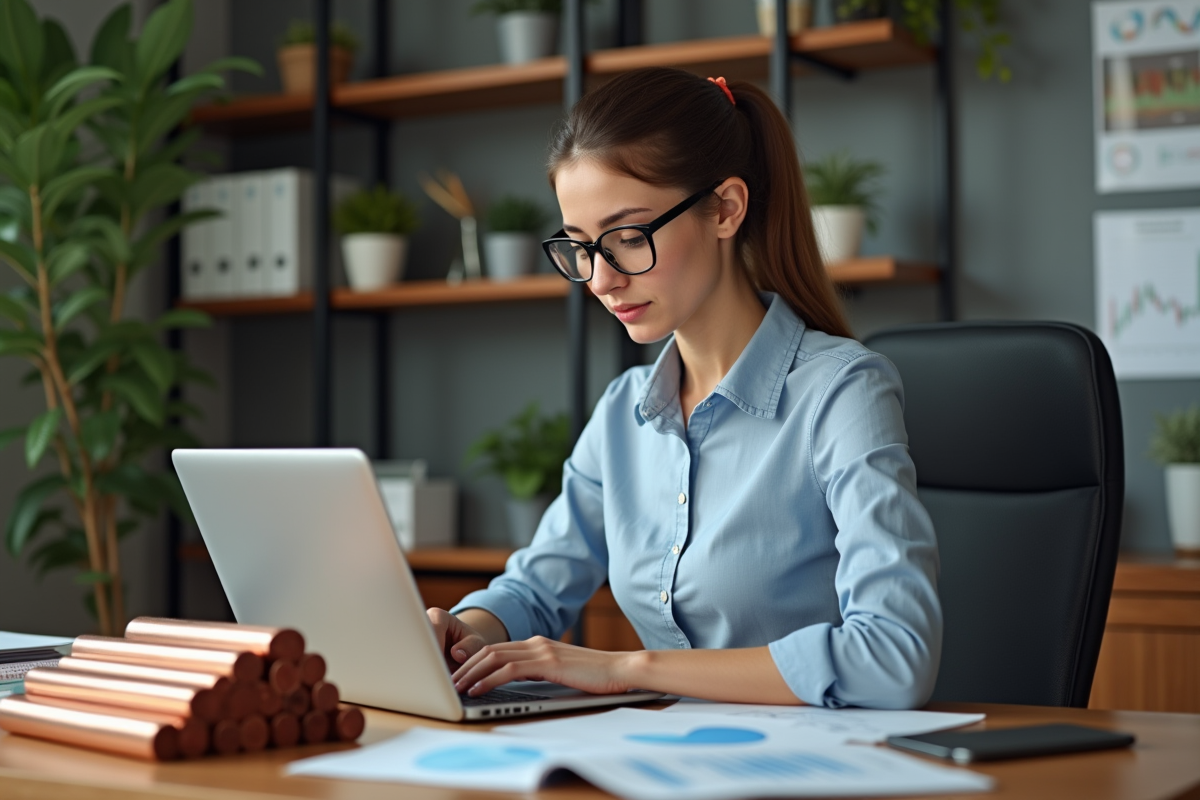 Jeune femme analysant des graphiques de prix du cuivre au bureau