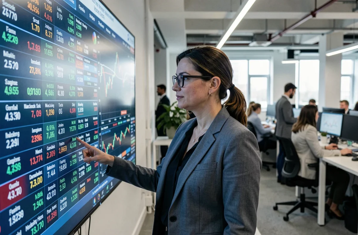 Femme analyste debout devant un écran de trading affichant des indices financiers dans un open space moderne